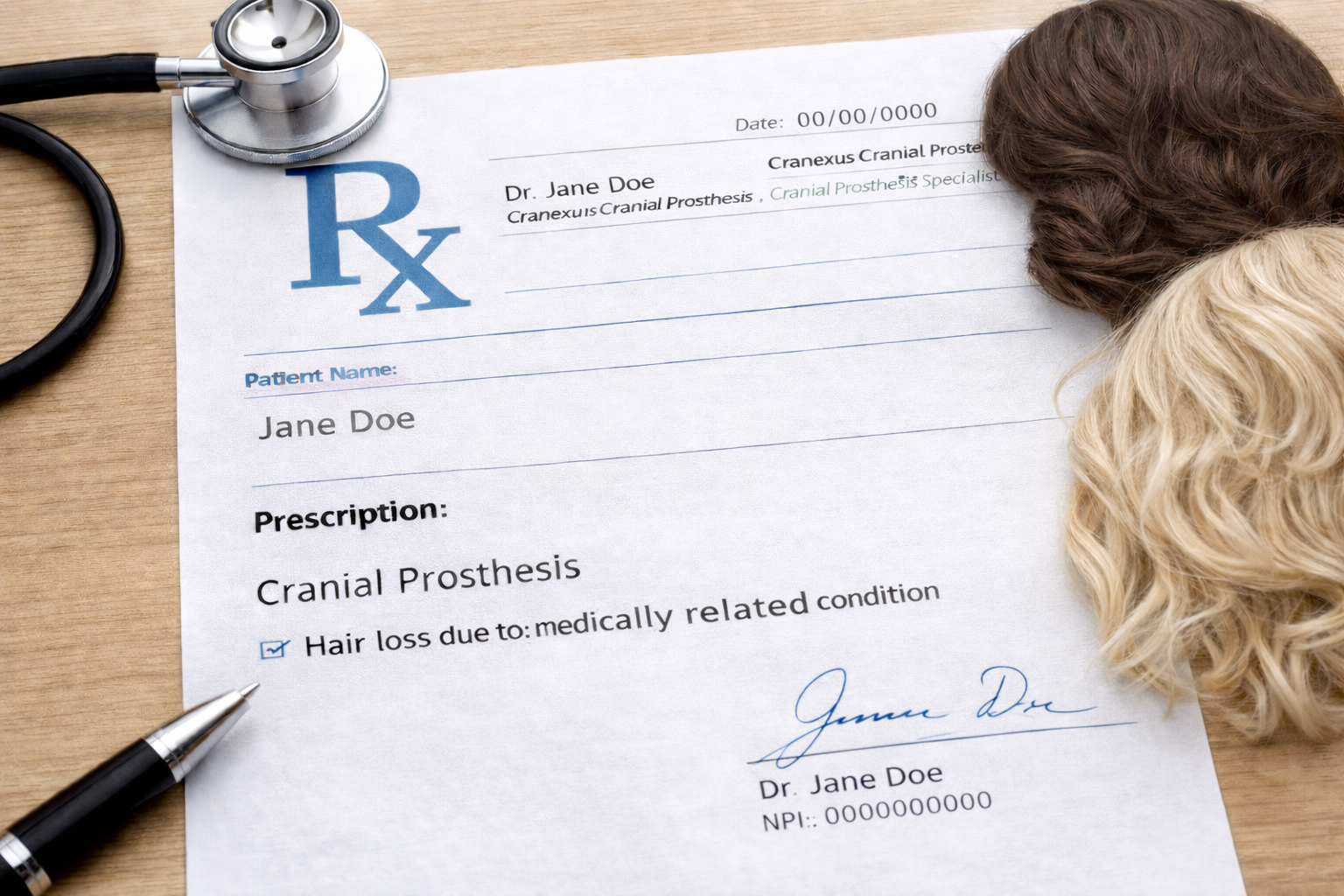 Prescription document for cranial prosthesis with a stethoscope, hair sample, and pen on a wooden surface.