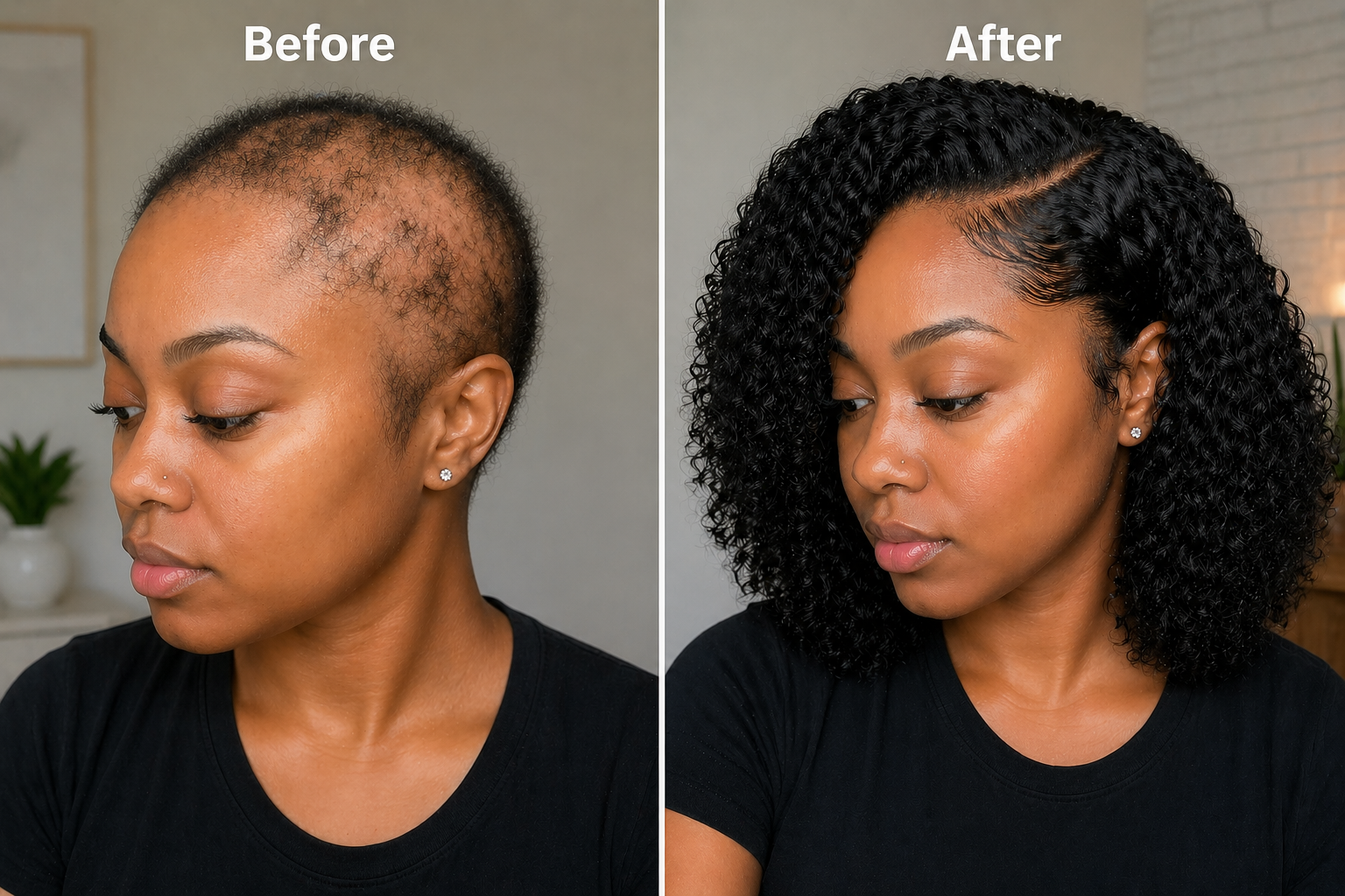 Side-by-side comparison of a woman before and after hair transformation, showing scarring alopecia on the left and a full medical wig with curly hair on the right.