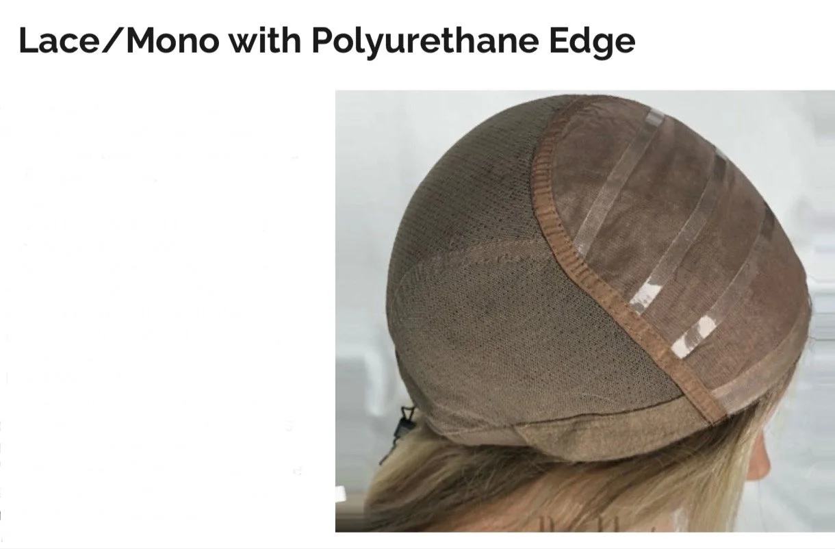 Close-up of a person's head wearing a lace and mono wig with a polyurethane edge.