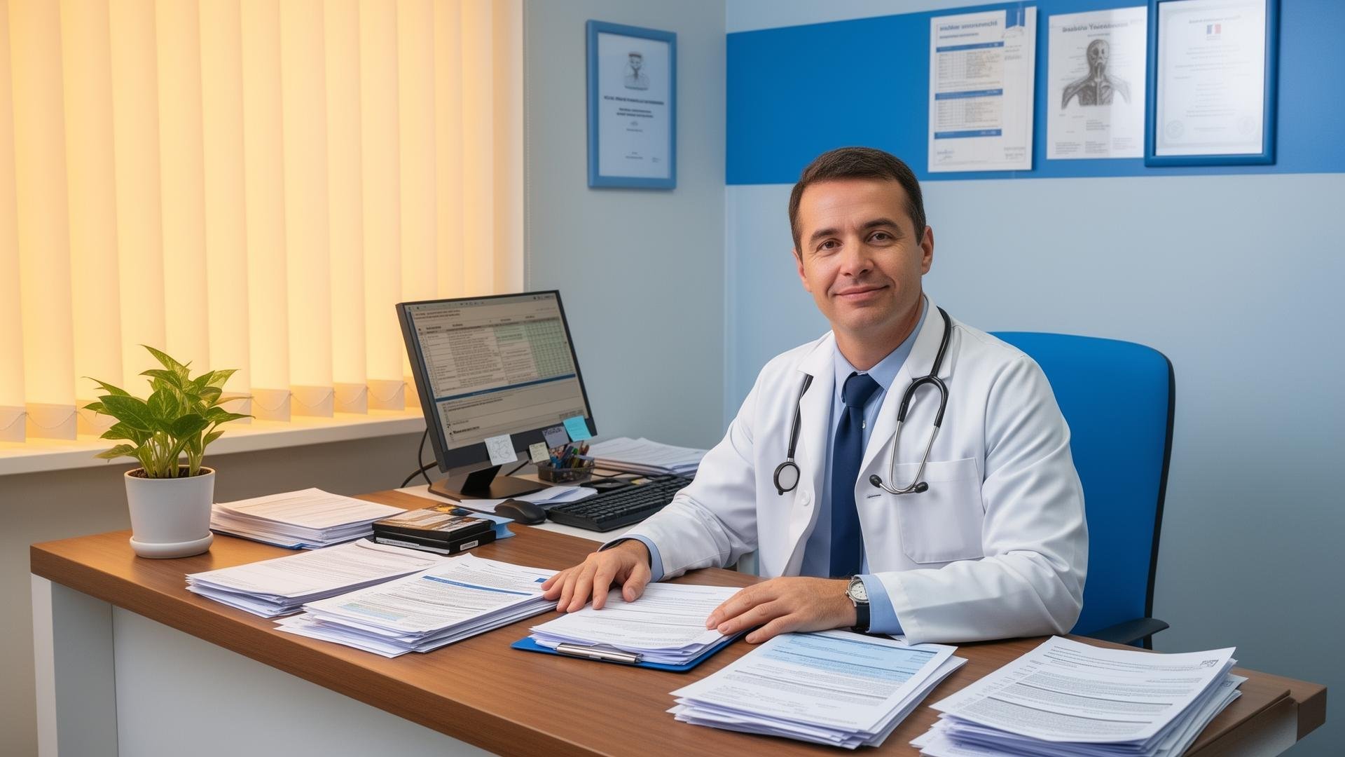 A smiling male doctor in a white coat sitting at a cluttered desk in an office with medical charts and posters on the wall.