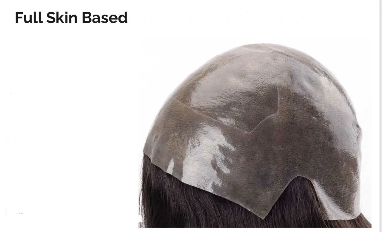 A person wearing a full skin-based hairpiece made of synthetic or real scalp covering the head, showcasing the concept of skin-based hair prosthetics.