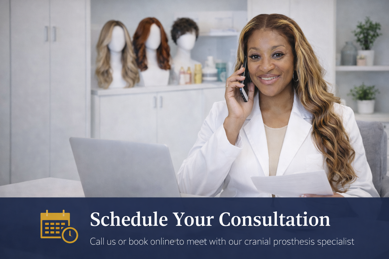 A smiling woman in a white coat talking on the phone while holding papers, in a professional setting with wigs on mannequins and medical supplies in the background. A graphic overlay with a calendar icon and text reading 'Schedule Your Consultation' and 'Call us or book online to meet with our cranial prosthesis specialist'.