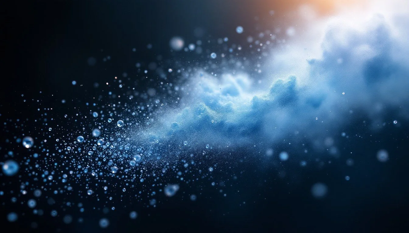 A diagonal spray of blue water droplets against a dark background, with some light coming from the upper right corner.