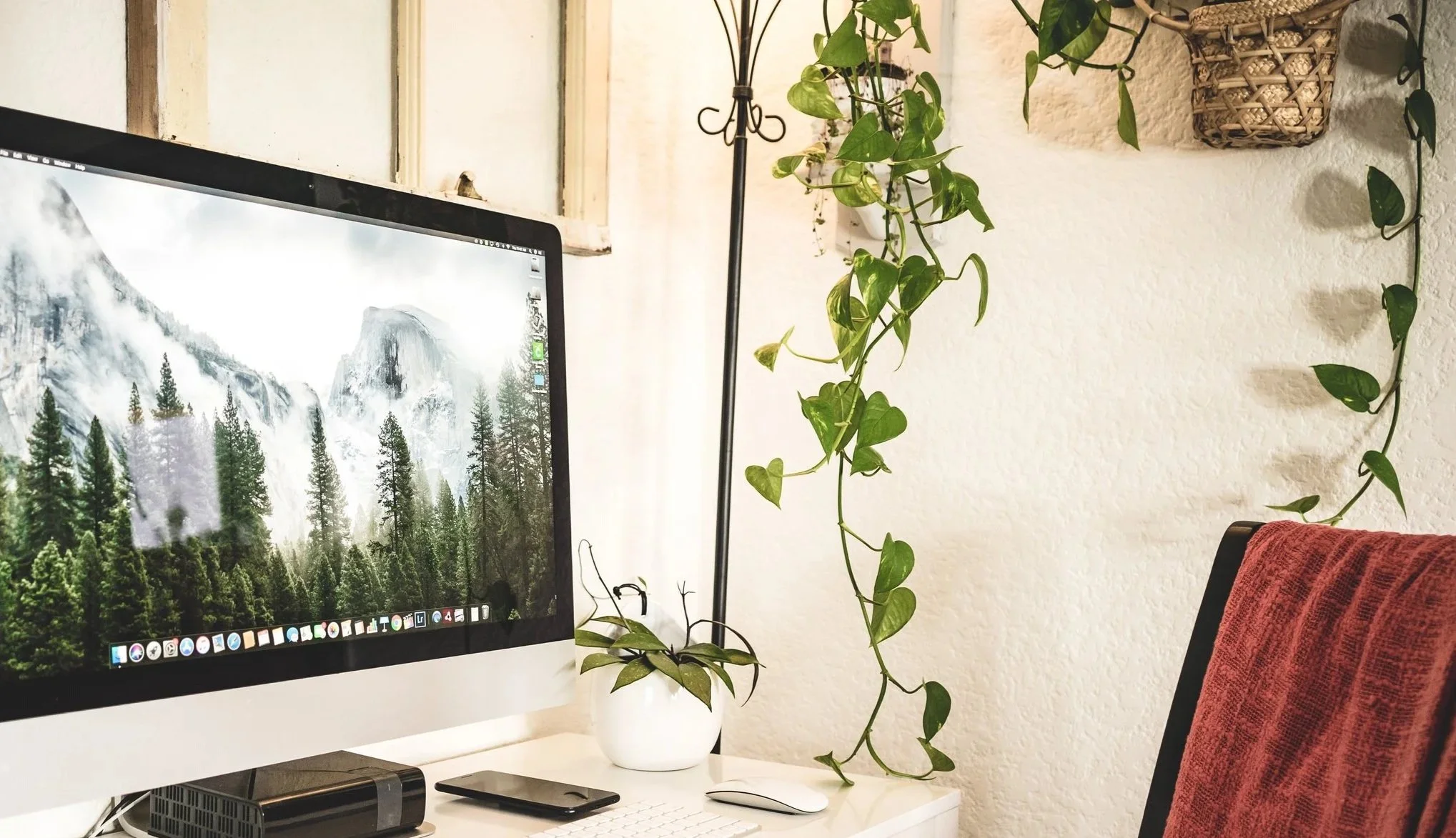 Computer desktop on a white desk with a monitor displaying a mountain and forest scene, a small black speaker, a smartphone, a keyboard, a mouse, and a plant with trailing vines in a white pot, with a wall-mounted wicker basket plant holder and a tall floor lamp in the background.