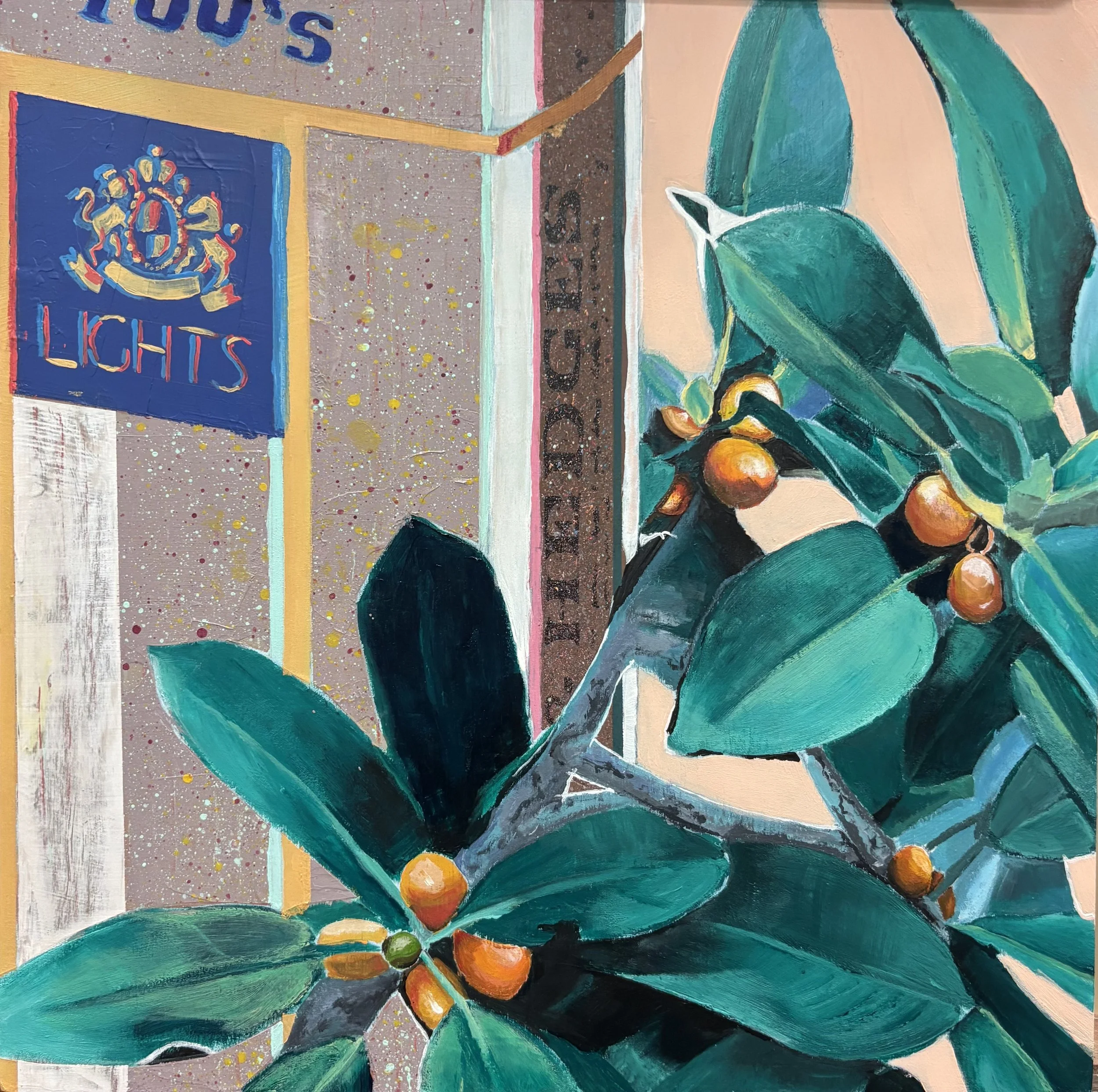 "BENSON, ORANGE TREES & HEDGES", 12X12", ACRYLIC ON PANEL