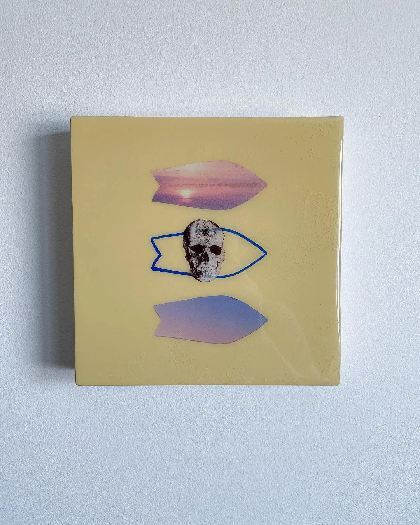 "FISH", 8X8",  COLLAGE AND RESIN ON PANEL