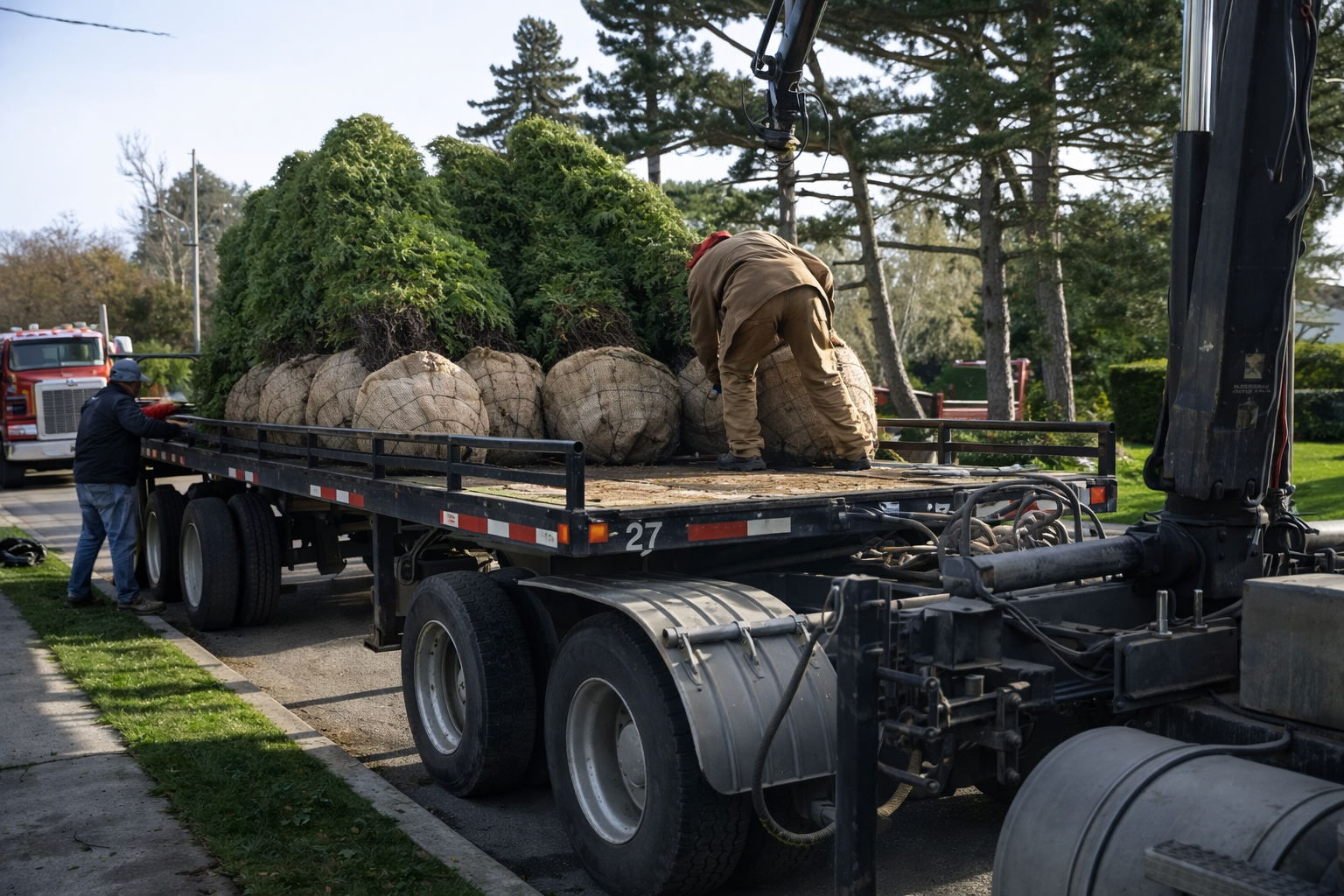 Two workers unload or load large bags of plants or trees on a flatbed truck, with trees and a red fire truck visible in the background.