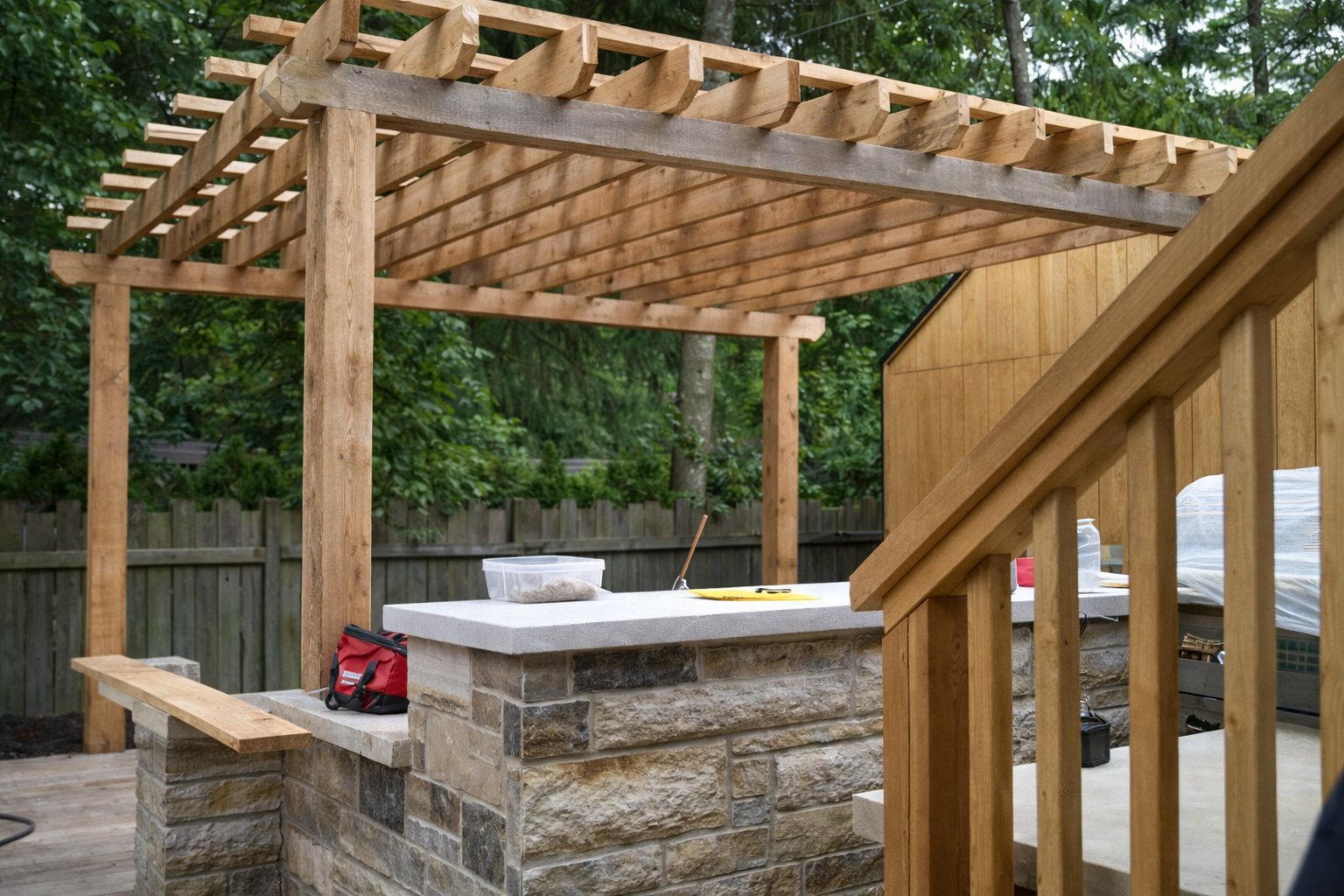 A wooden backyard structure under construction with a stone counter, surrounded by trees and a wooden fence.