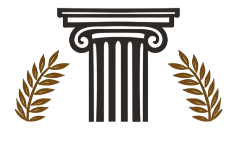 Illustration of a classical column flanked by laurel branches on either side.