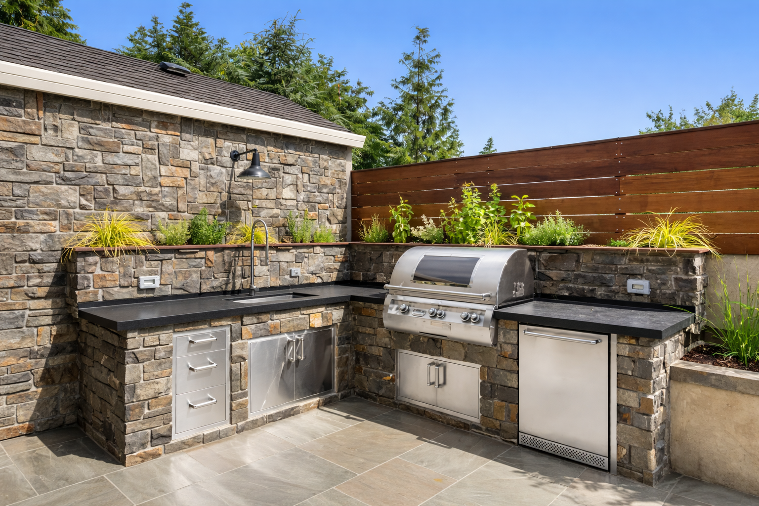 Outdoor kitchen with stone and wood fencing, featuring a stainless steel grill, black countertop, and potted plants under a clear blue sky.