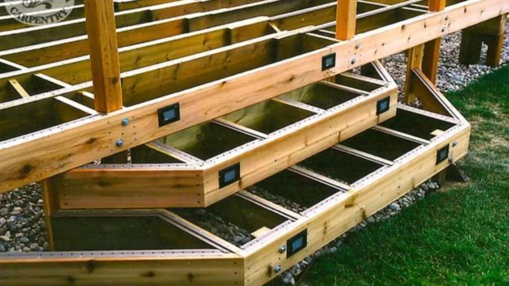 Wooden structure with multiple tiers and open sections, possibly a garden or deck staircase under construction.
