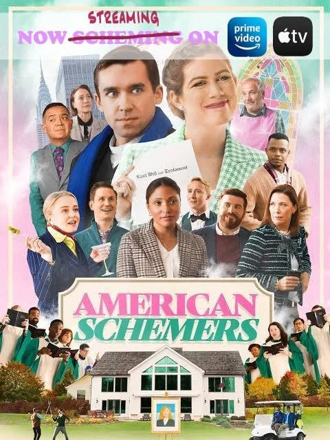 Poster for the TV show 'American Schemers' featuring various characters, a house at the bottom, and branding for Prime Video and Apple TV.