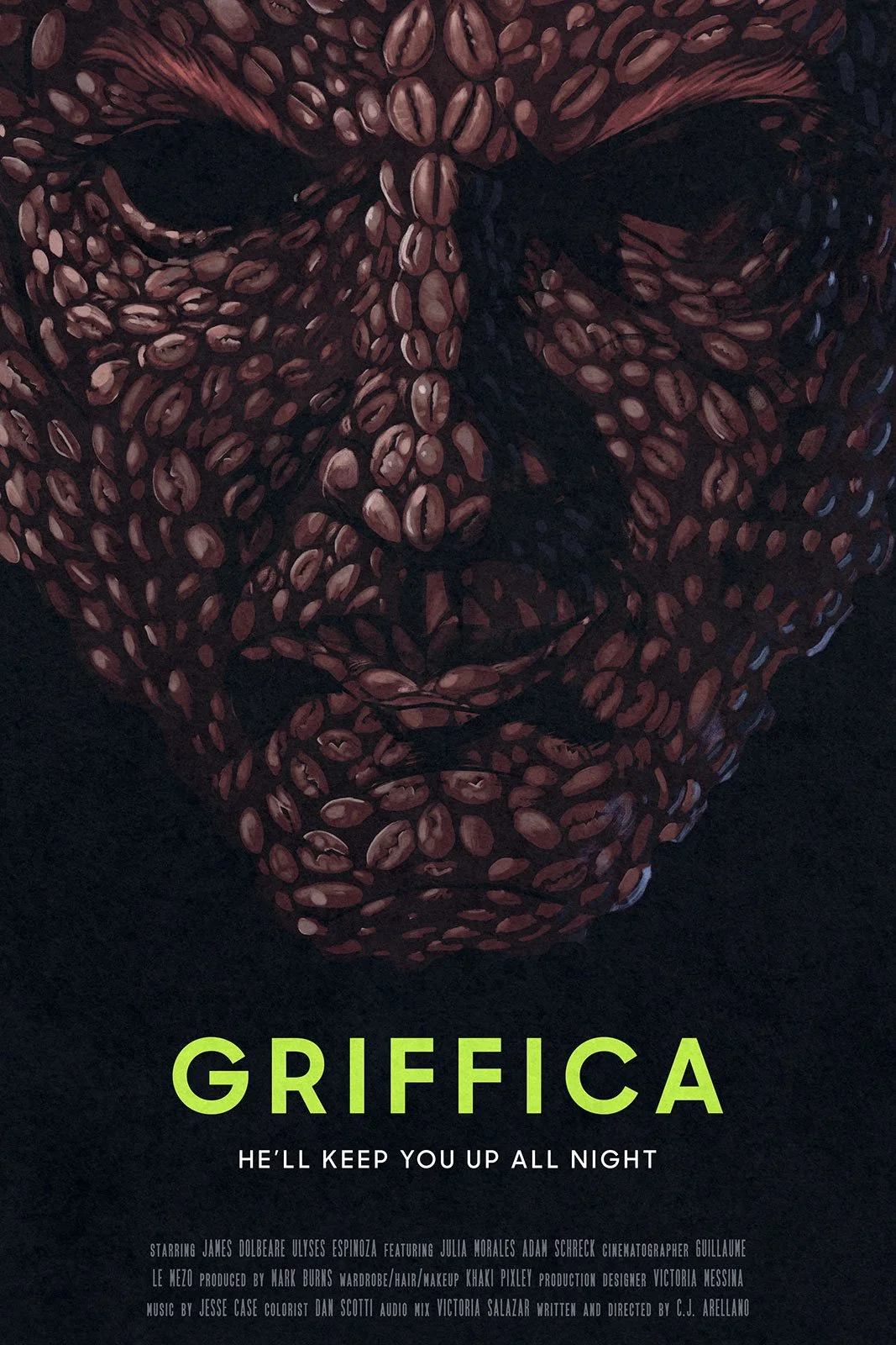 Poster for a film titled 'Griffica' with a close-up of a face made of coffee beans and the tagline 'He'll keep you up all night'