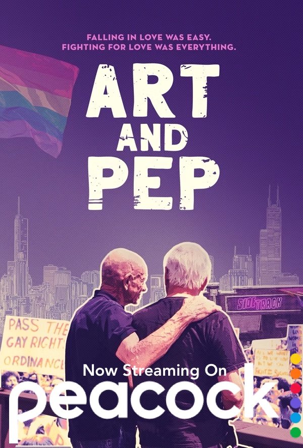 Promotional poster for the movie 'Art and Pep' featuring two men embracing against a city skyline, with a pride flag and protest signs in the background, and a purple gradient sky.