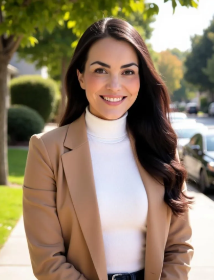 A woman with long dark hair, wearing a beige blazer and white turtleneck, standing outdoors on a sunny day with green trees and parked cars in the background.