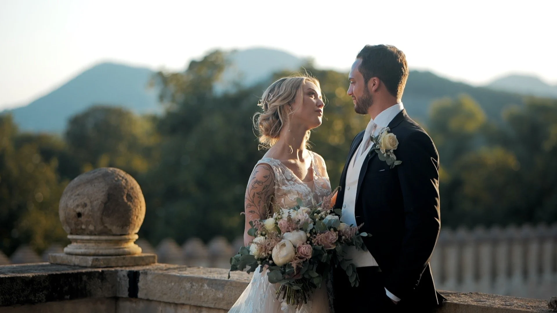 Destination wedding at Castello del Catajo in Italy with Federico and Isabelle during sunset.