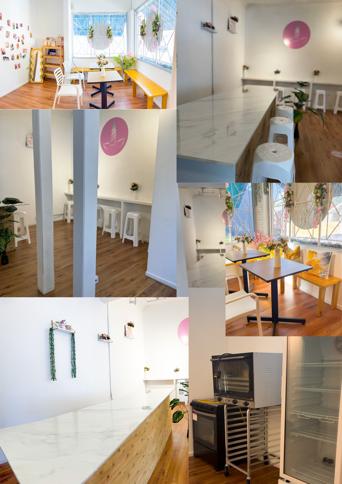 Cozy cafe or small restaurant interior with decorated windows, white and yellow furniture, a marble counter, and kitchen appliances.