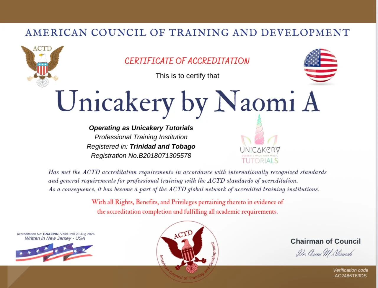 Certificate of accreditation awarded to Unickery by Naomi A from the American Council of Training and Development, featuring logos, signatures, and decorative elements.