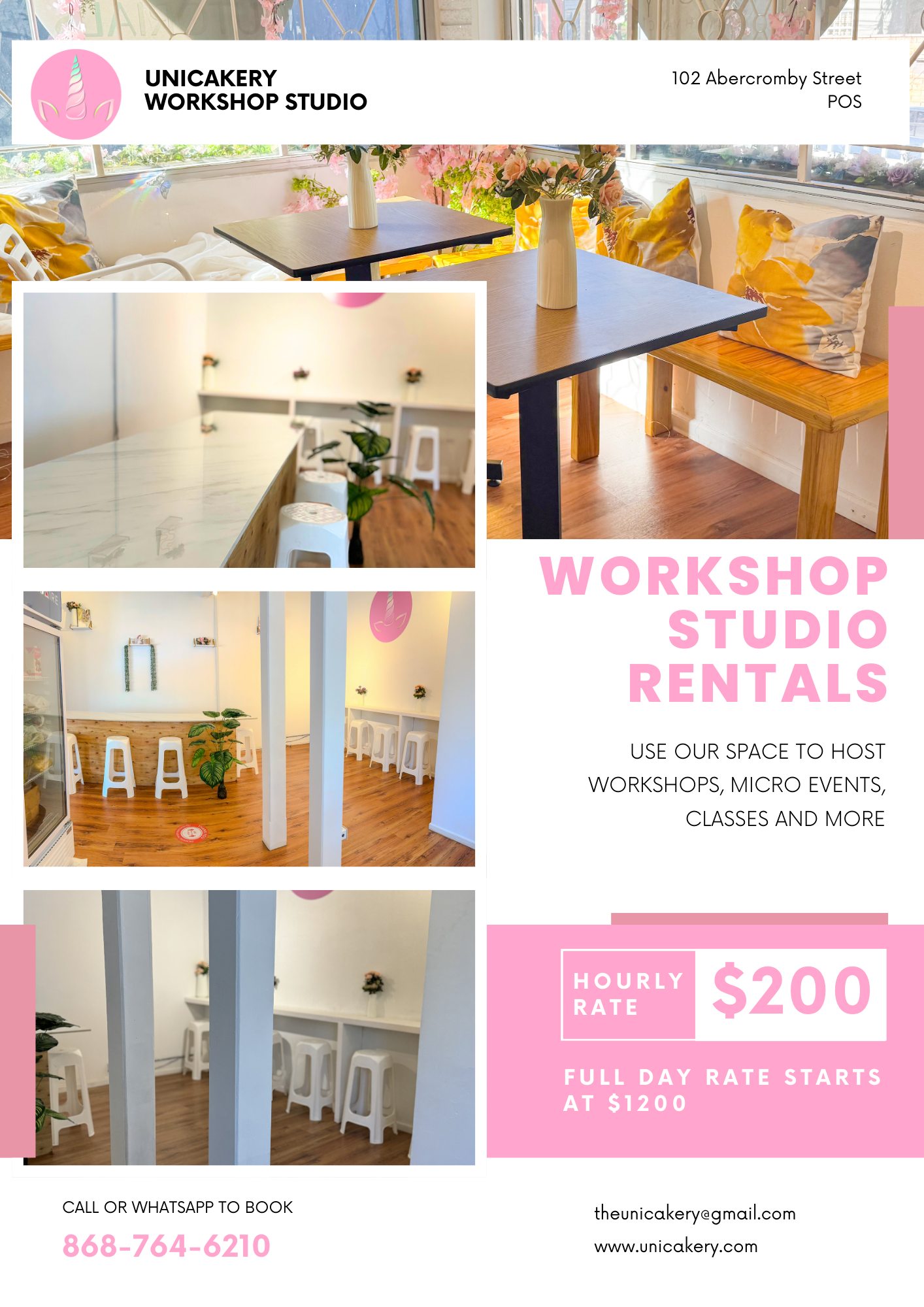Flyer for Unicakery Workshop Studio Rentals displaying interior images of a bright, cozy studio space with wooden floors, white walls, and flower decorations, promoting event hosting services with pricing details.