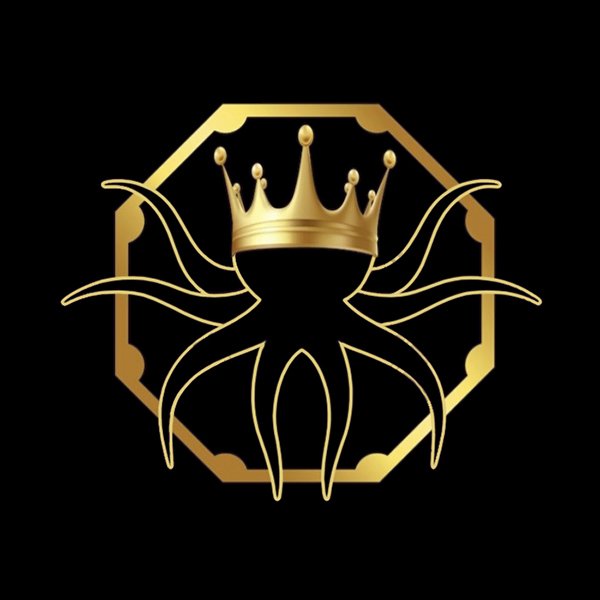 Stylized crab with a gold crown and a gold octagonal border on a black background.