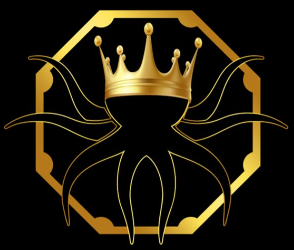 Black background with a gold outline of a octopus wearing a gold crown, surrounded by a gold geometric border.