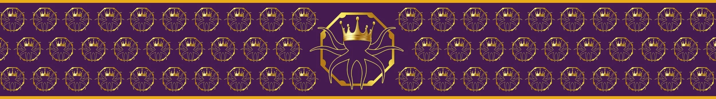 A repeating pattern of purple Octopuses with gold crowns on their head, with a larger Octopus with a 
crown in the center, all on a purple 
background.