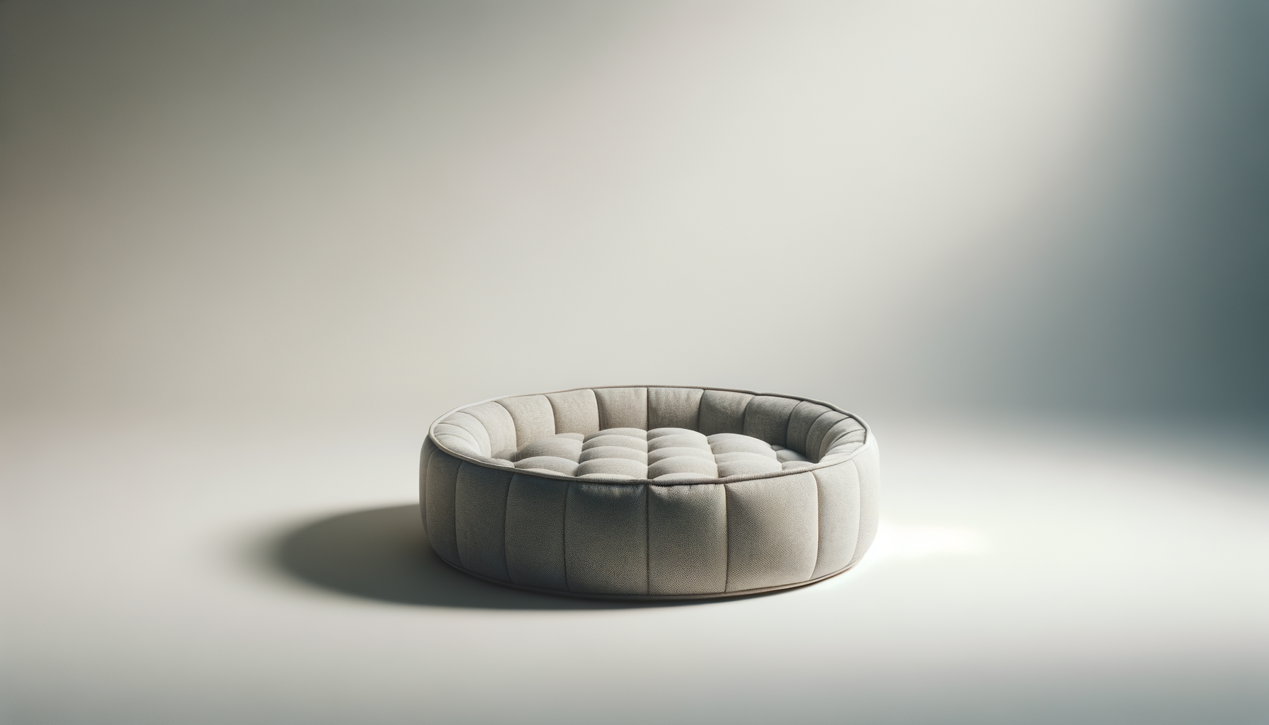 Round tufted beige sofa in a minimal studio setting