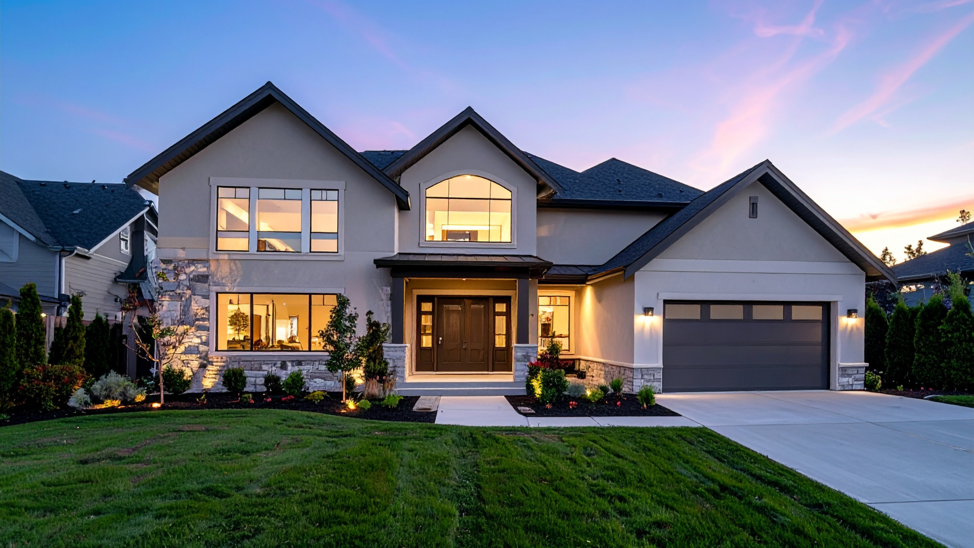 A modern two-story house at sunset with large windows, a dark front door, and an attached garage, illuminated exterior lighting, well-manicured lawn, and landscaped garden.