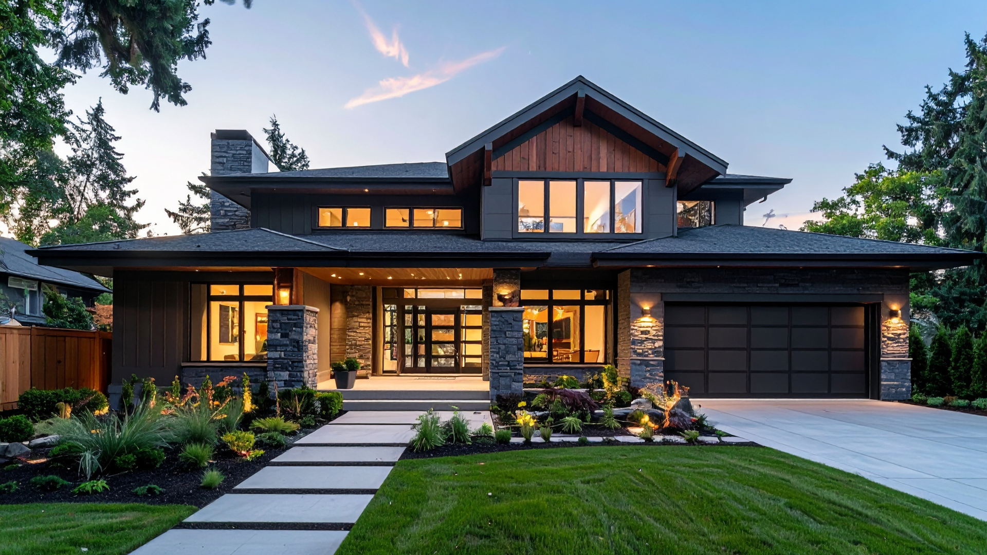Modern two-story house with large windows, stone accents, a dark exterior, a well-maintained front yard with a stone pathway, lush green grass, and garden beds around the entrance during dusk.