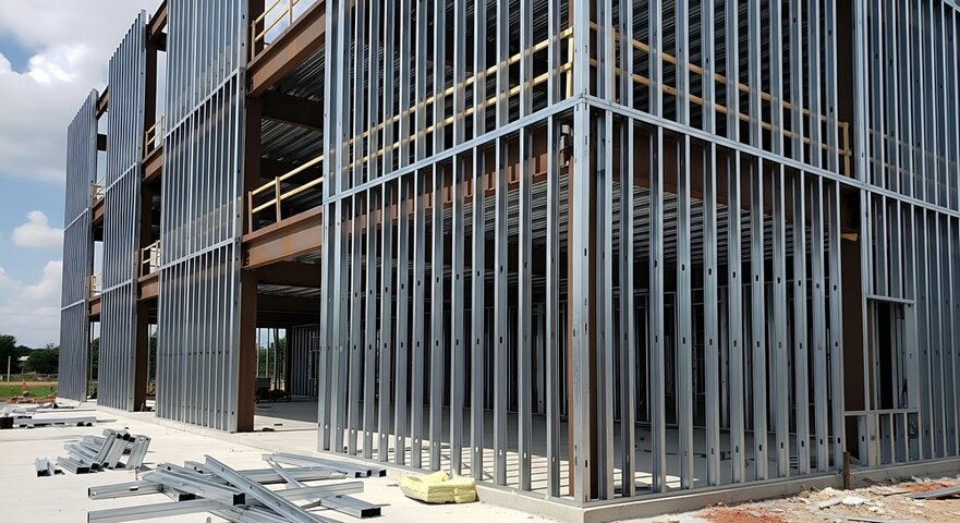 Construction site with a building frame made of metal studs, partially built with some construction materials on the ground.