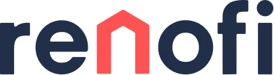 Close-up of the 'renofi' logo with red and blue accents.