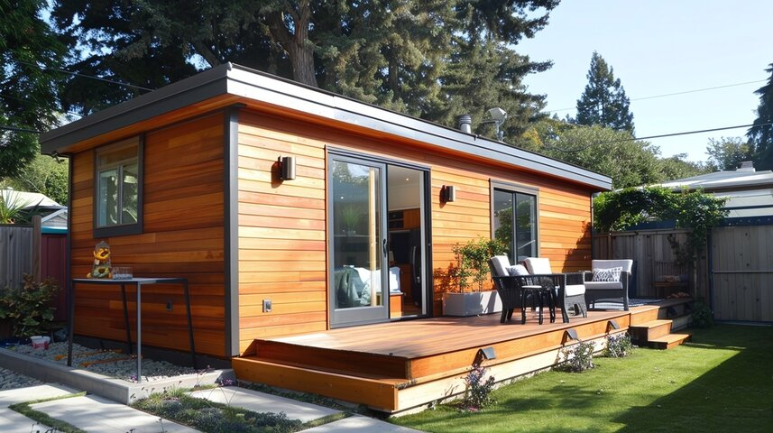 Small wooden house with sliding glass door opening to a deck, outdoor furniture, and a backyard with green grass and trees.