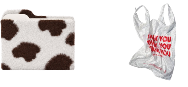 A cow print plush wallet and a plastic shopping bag with red text reading "Thank You".