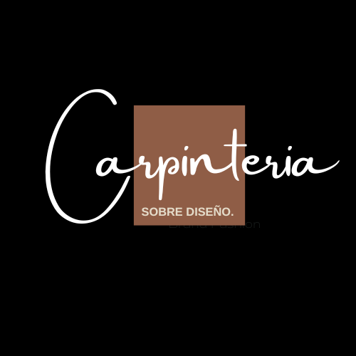 Logo with the word 'Carpinteria' in white script font, a brown square behind some of the text, and the words 'SOBRE DISEÑO' below in beige.