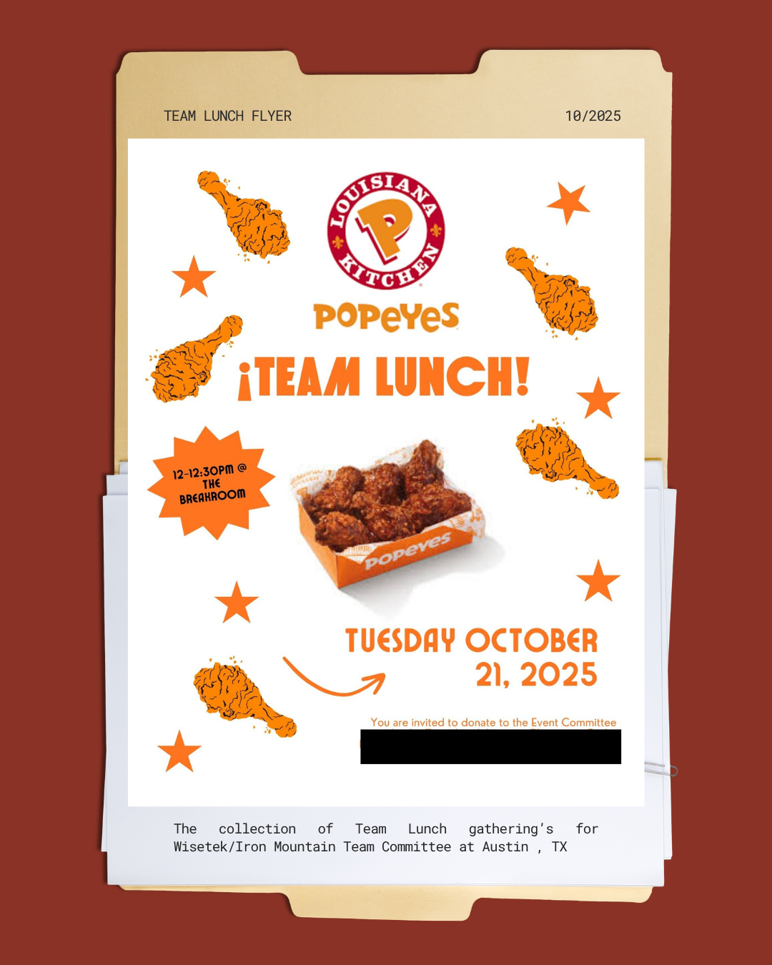 Flyer for a team lunch event , featuring an image of fried chicken, with orange themed graphics, text indicating the event is on October 21, 2025, from 12:00 to 12:30 PM in the breakroom, and details about donation for the event committee.