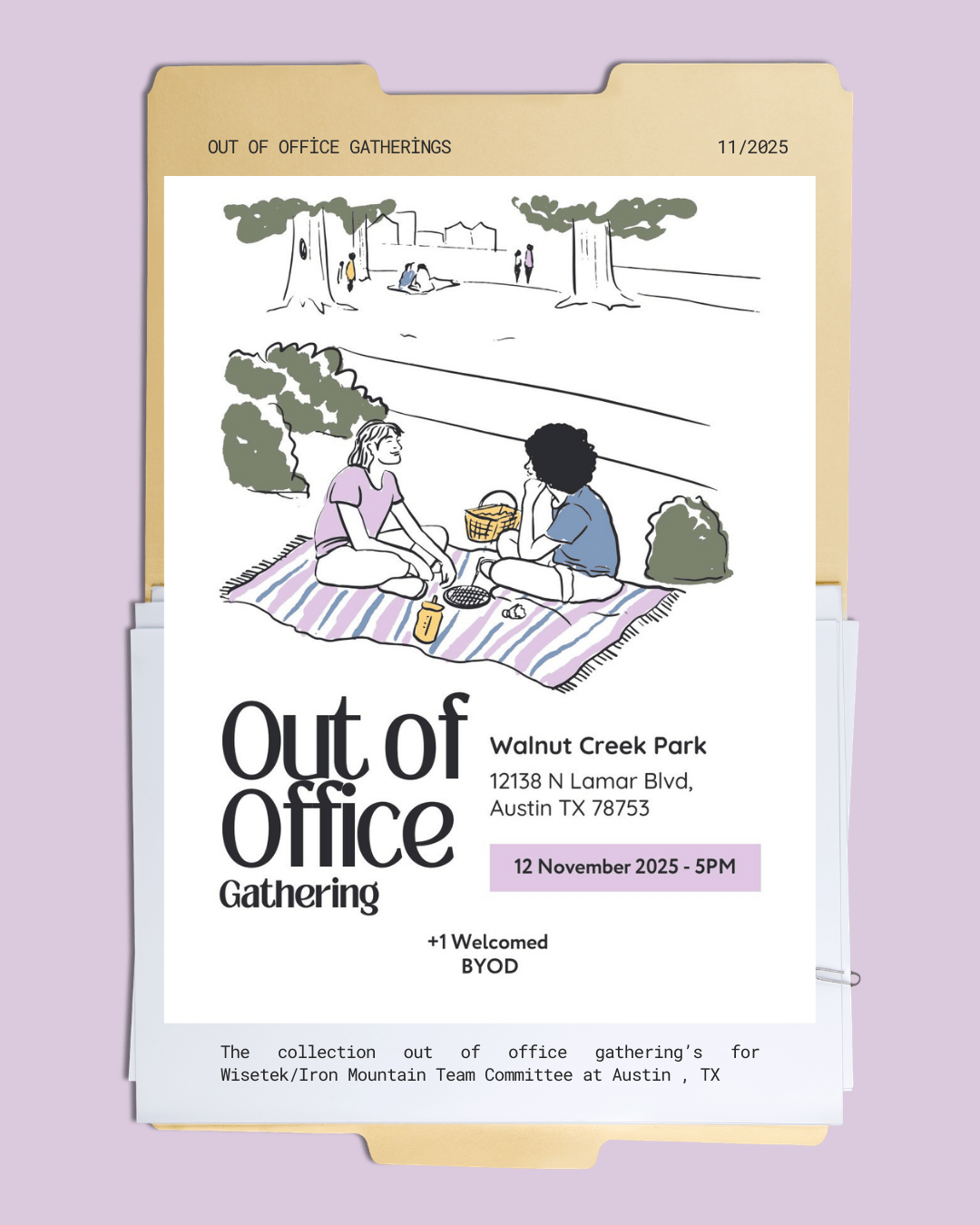 Flyer for an outdoor office gathering at Walnut Creek Park in Austin, Texas, featuring an illustration of two people having a picnic under trees with a park scene in the background.