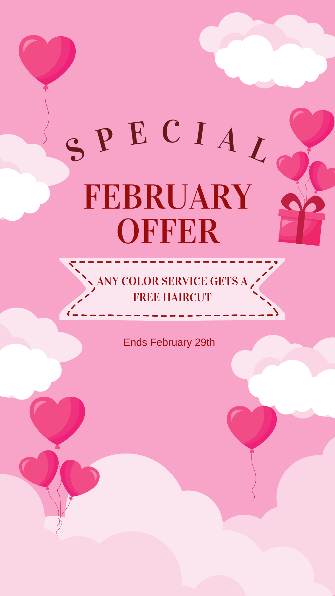 Pink promotional poster for a February special offer at a salon or beauty shop, featuring clouds, pink heart-shaped balloons, and a small pink wrapped gift with heart-shaped balloons as part of the design. The text indicates a February offer where any color service gets a free haircut, ending February 29th.