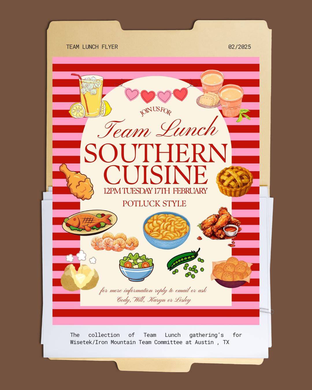 Invitation for a southern cuisine team lunch featuring images of drinks, fried chicken, pie, shrimp, salad, peas, and onion rings.
