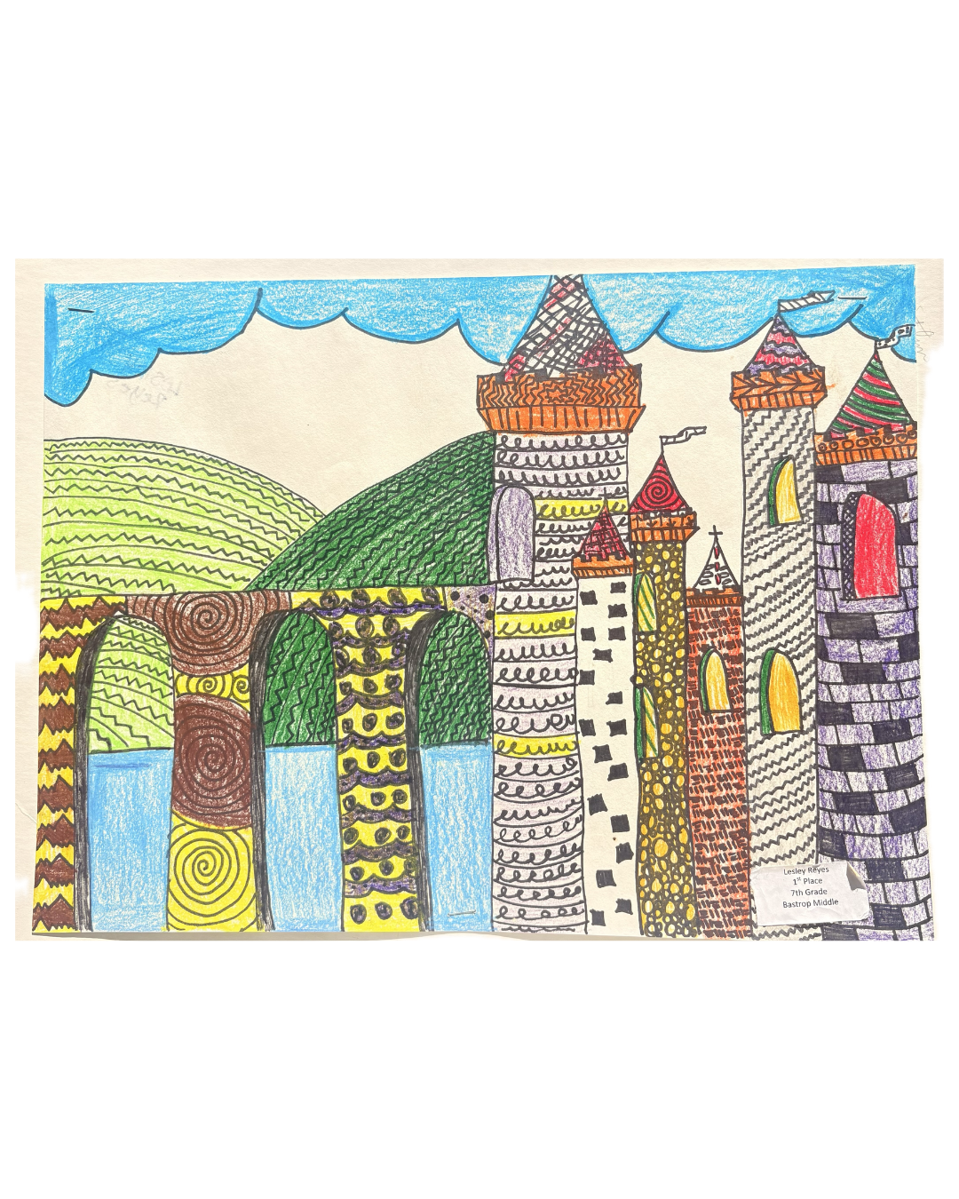 Colorful children's drawing of a castle with towers, surrounded by hills, under a blue sky with clouds. Painted by Lesley Reyes 