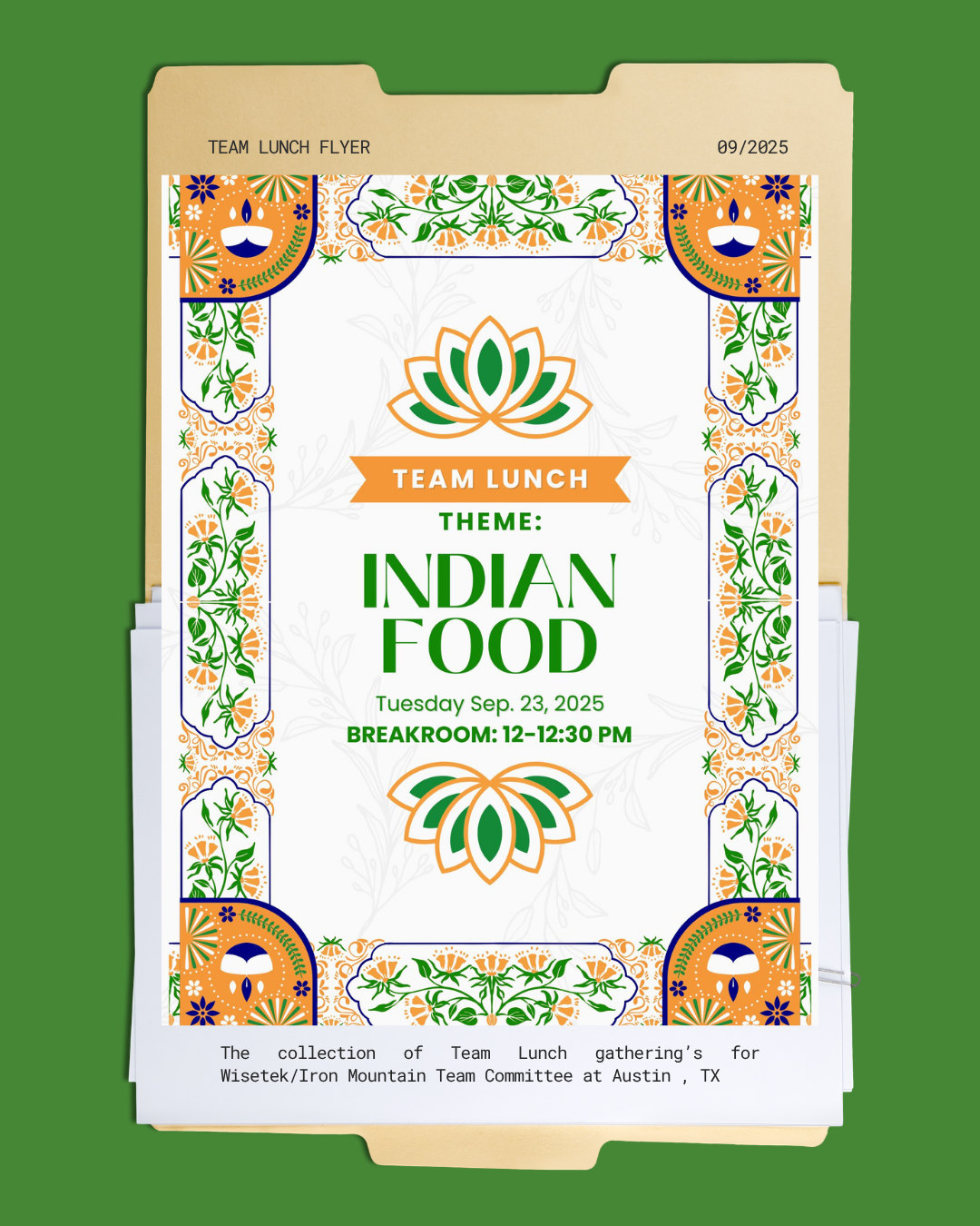 Flyer for a team lunch event with an Indian food theme, scheduled for September 23, 2025, from 12 to 12:30 PM, featuring decorative floral patterns and a lotus motif.
