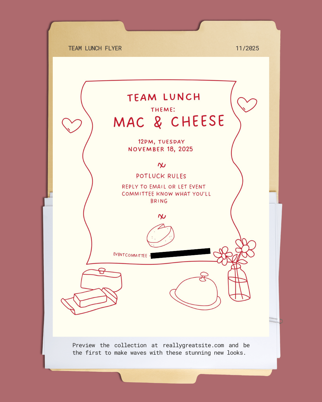Team lunch flyer with theme Mac & Cheese, scheduled for November 18, 2025, at 12 PM. The flyer includes symbols of hearts, cheese, and food items like a cheese block, a covered dish, and flowers in a vase, with potluck rules and event details.