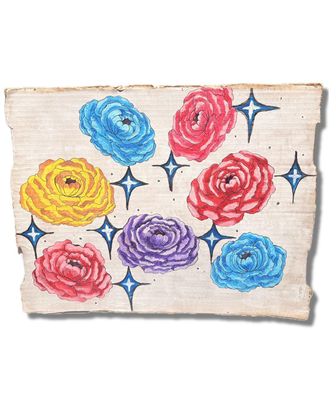 Painted wooden panel featuring colorful, stylized roses in yellow, blue, red, and purple, with blue star-like accents. Painted by Lesley Reyes 