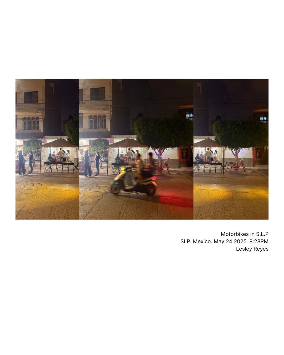 A nighttime street scene in San Luis Potosí, Mexico, showing motorbikes passing by a sidewalk food stand with people gathered around. There are trees, a building in the background, and streetlights illuminating the scene. Photographed by Lesley Reye 
