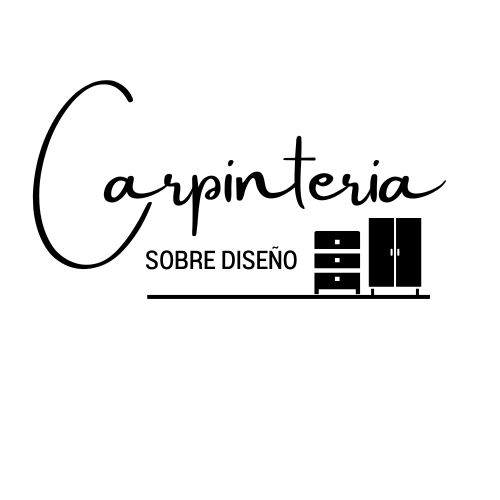 Logo with the word 'Carpinteria' in cursive font, and 'SOBRE DISEÑO' in uppercase, with a graphic of furniture and a line underneath.