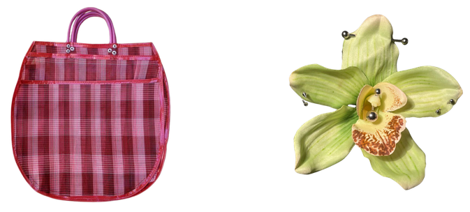 A red checkered tote bag and a green orchid flower.