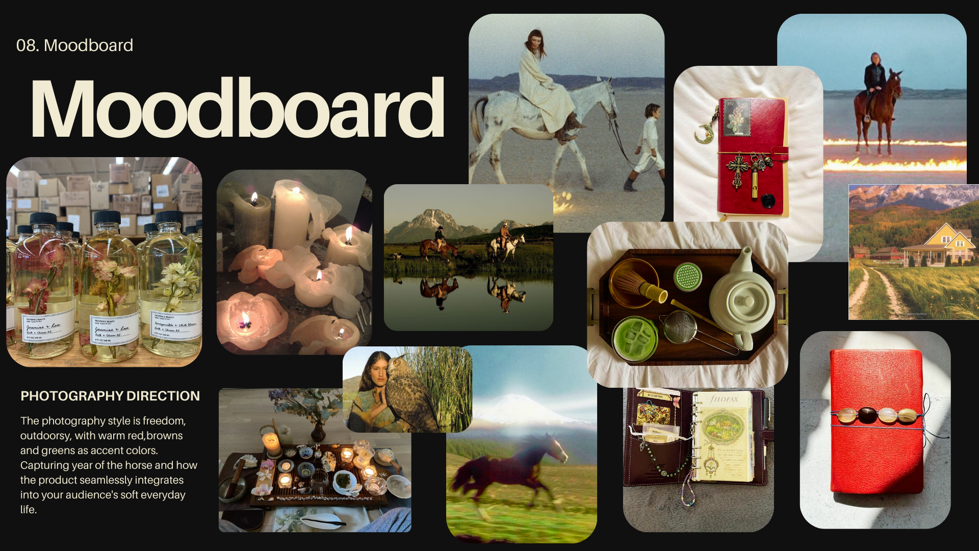 Collage of outdoor and indoor scenes depicting horses, candles, herbal bottles, jewelry, a girl with an owl, a person riding a horse across a beach, a red journal with charms, tea setup, and a scenic landscape of mountains, fields, and homes. Includes a photograph of candles, herbal bottles with flowers, and various objects on a table.