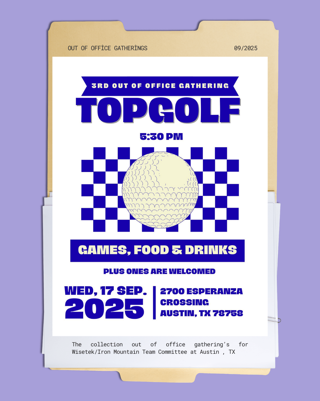A flyer for a golf event titled "3rd Out of Office Gathering Topgolf" with details about the date, time, location, and activities, including games, food, and drinks.