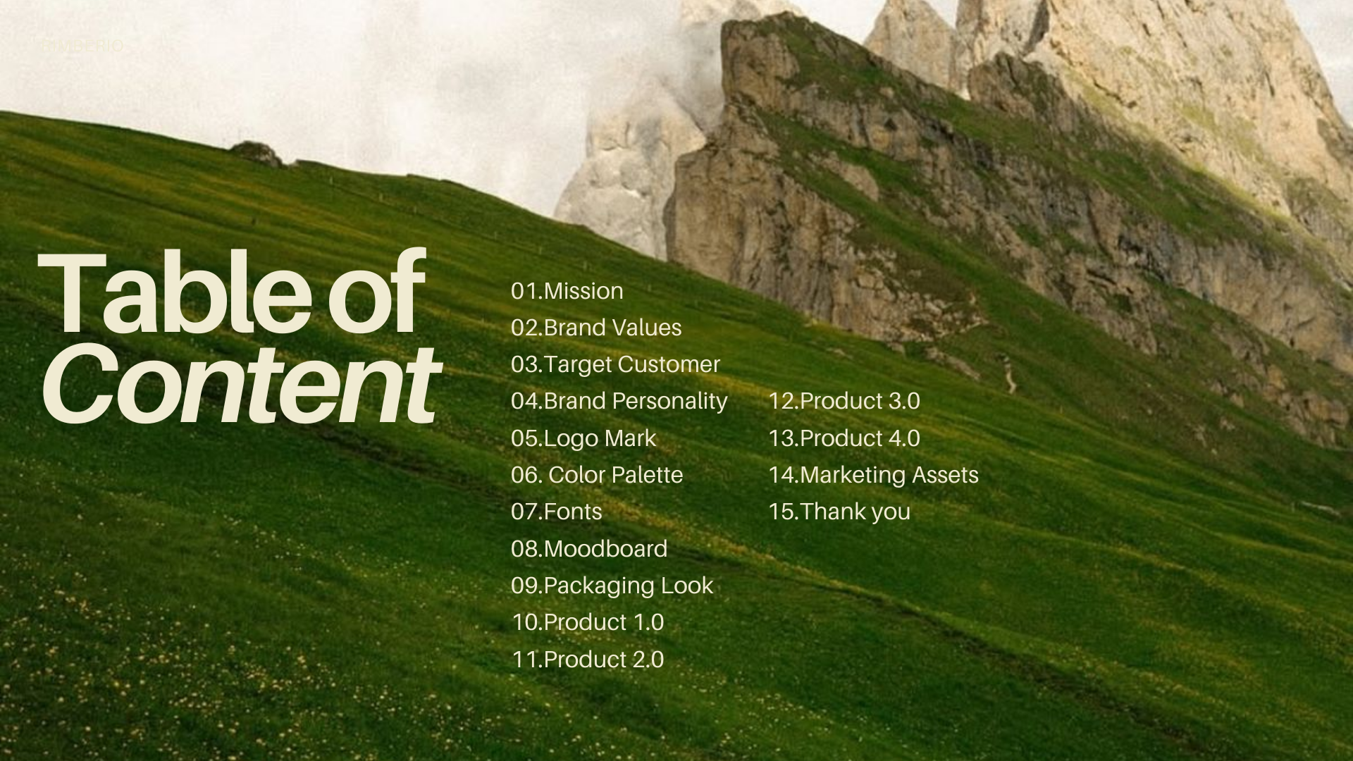 Content table over a landscape background of green hills and rocky mountains, with the title highlighting 'Table of Content' and 15 listed topics such as Mission, Brand Values, Target Customer, and Marketing Assets.