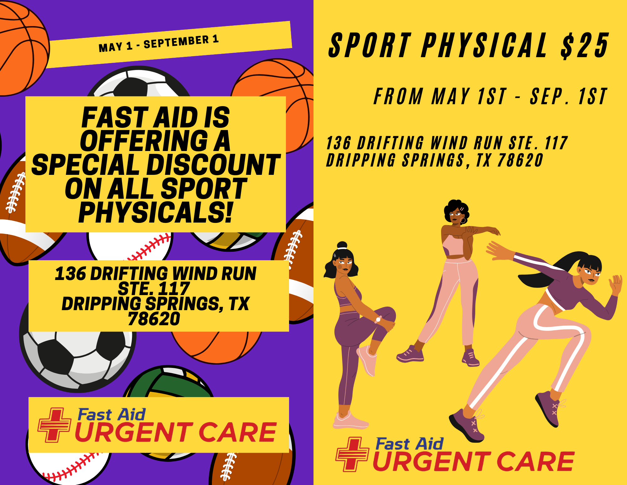 Promotional flyer for Fast Aid Urgent Care offering a discount on sports physicals from May 1 to September 1, featuring illustrations of three women exercising and sports balls in the background.