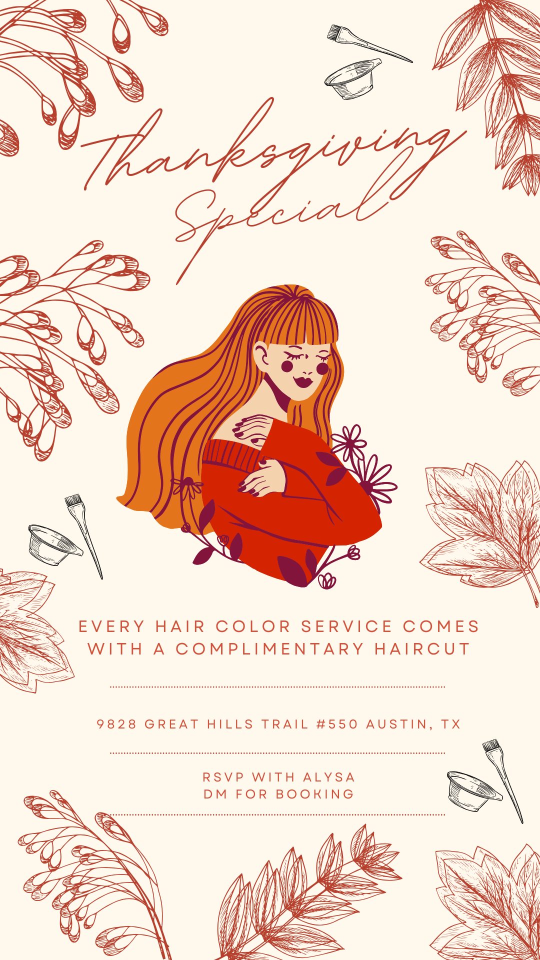 Thanksgiving special event flyer with an illustration of a woman with long red hair, surrounded by autumn leaves, paintbrushes, and a hat, promoting a hair coloring service with a free haircut.